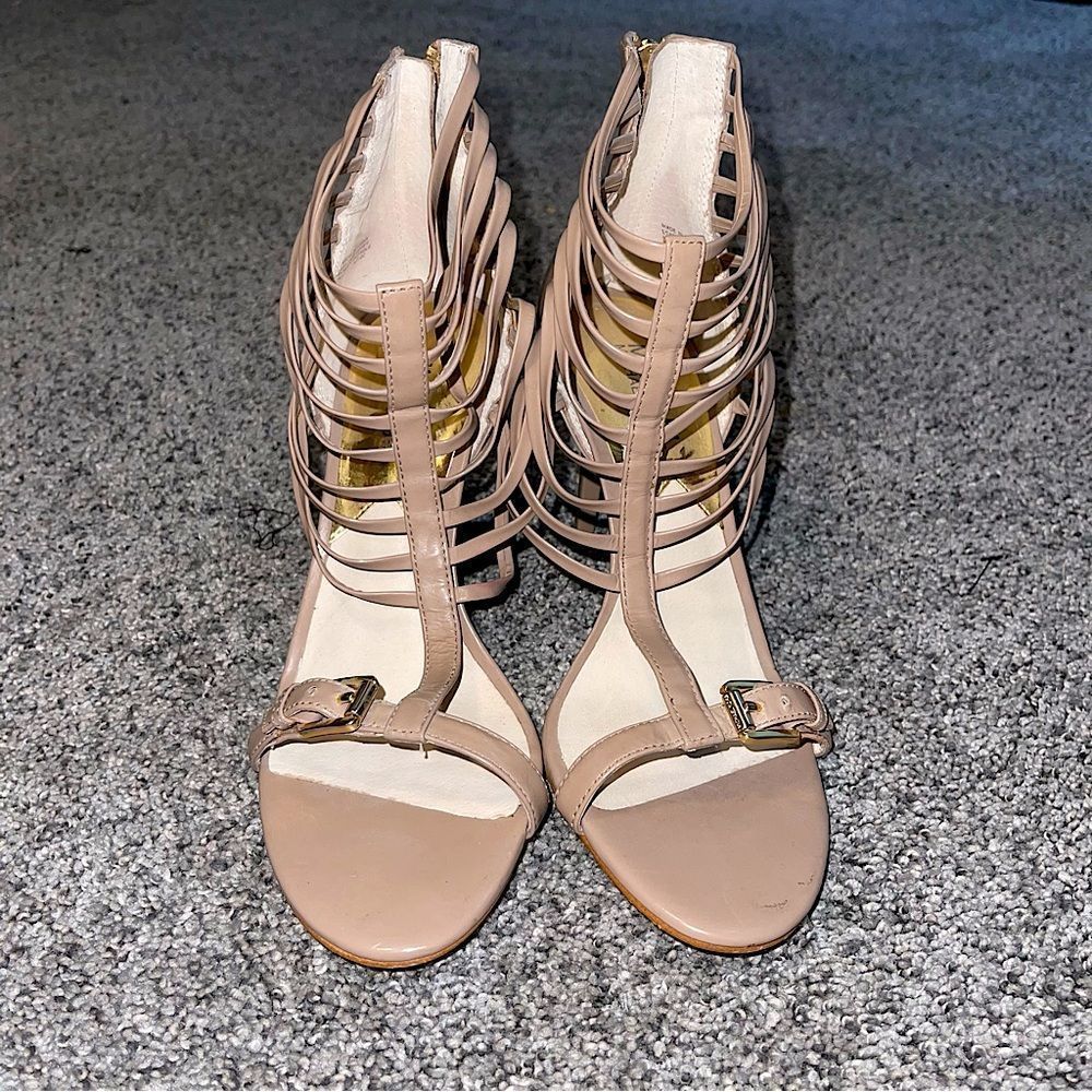 Michael Kors MK Womens Leather Sandals Heels Strappy zipper Size 7 Tan mauve